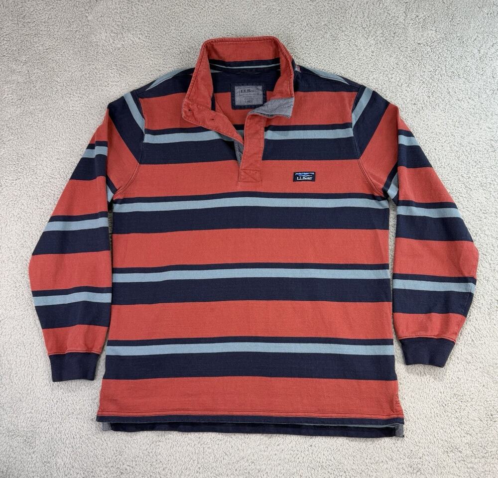 LL Bean Rugby Shirt Men's Large Polo Henley Striped Heavy Cotton Long Sleeve